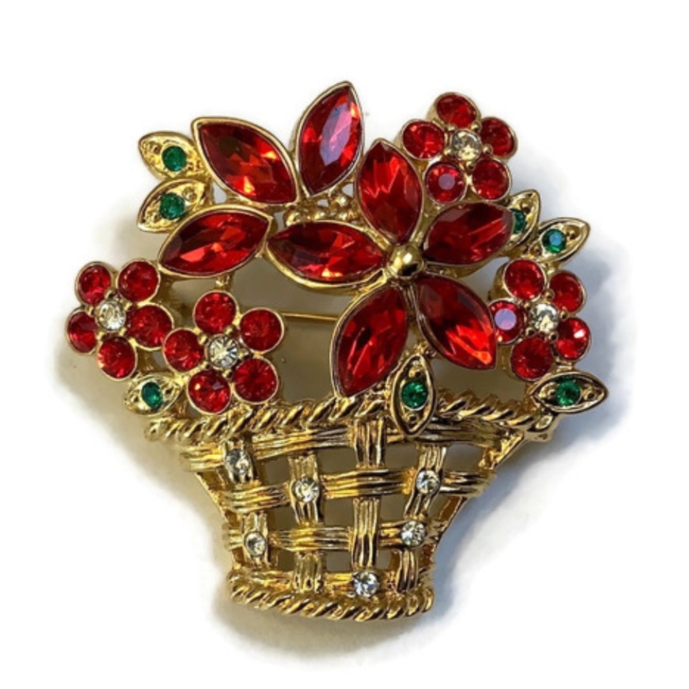 Basket of Red Flowers/Poinsettias Brooch
